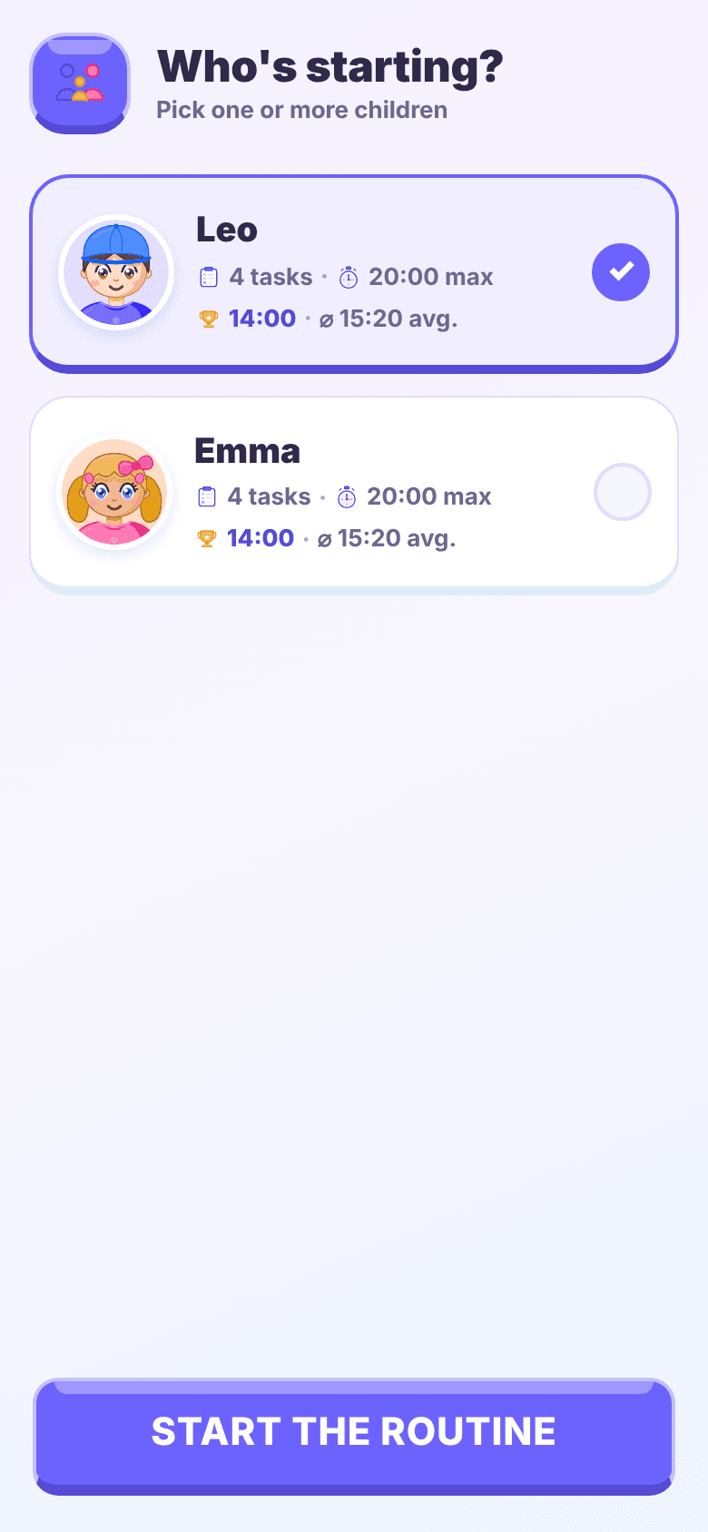 Who's starting screen: child tiles, stats and Start the routine button