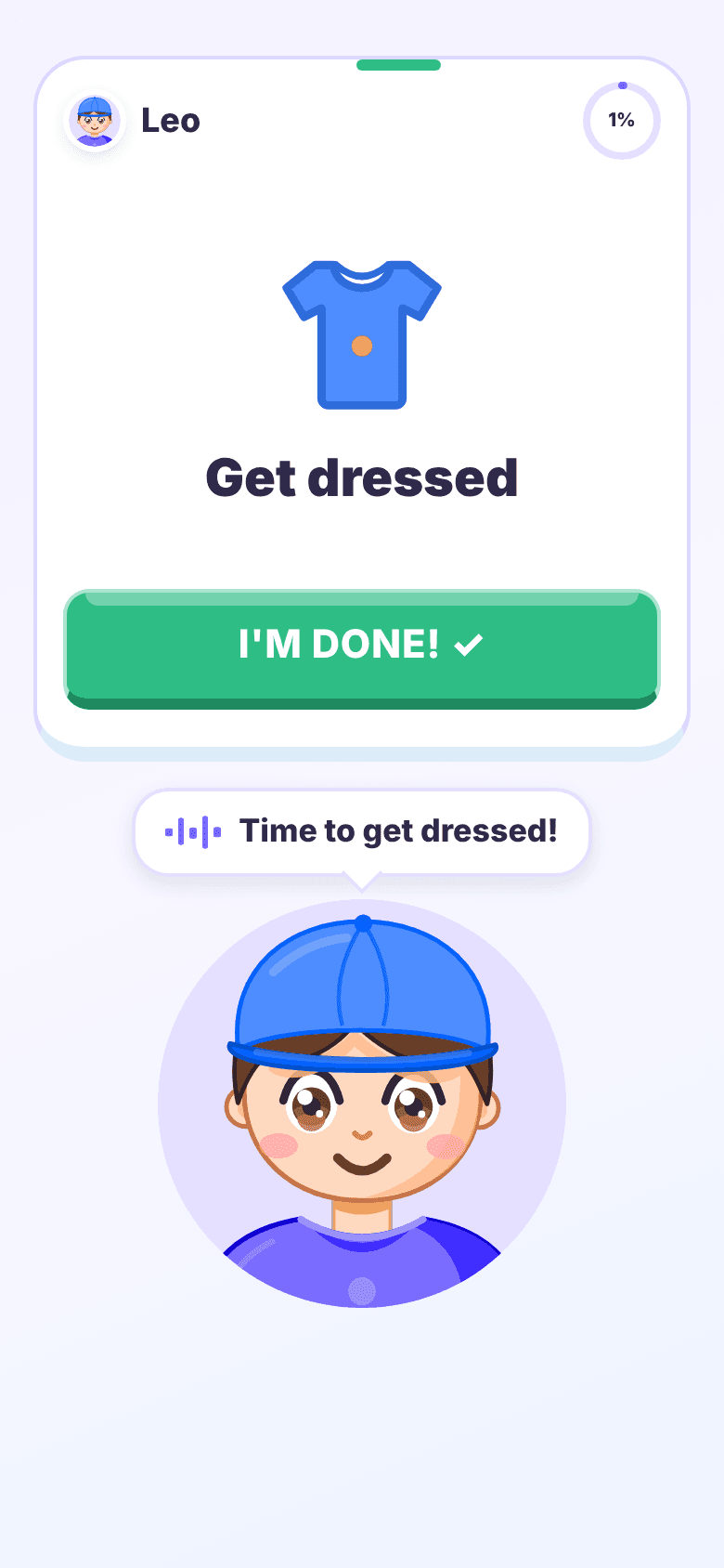 Routine in progress: name, progress, task and I'm done button