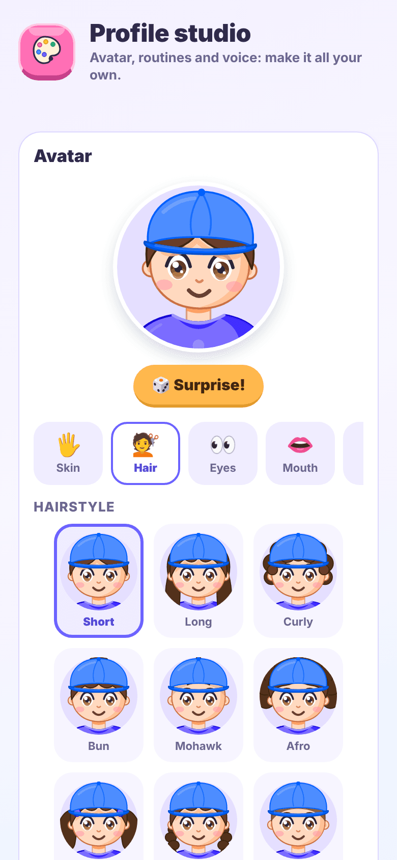 Profile studio: avatar, colors, name and steps