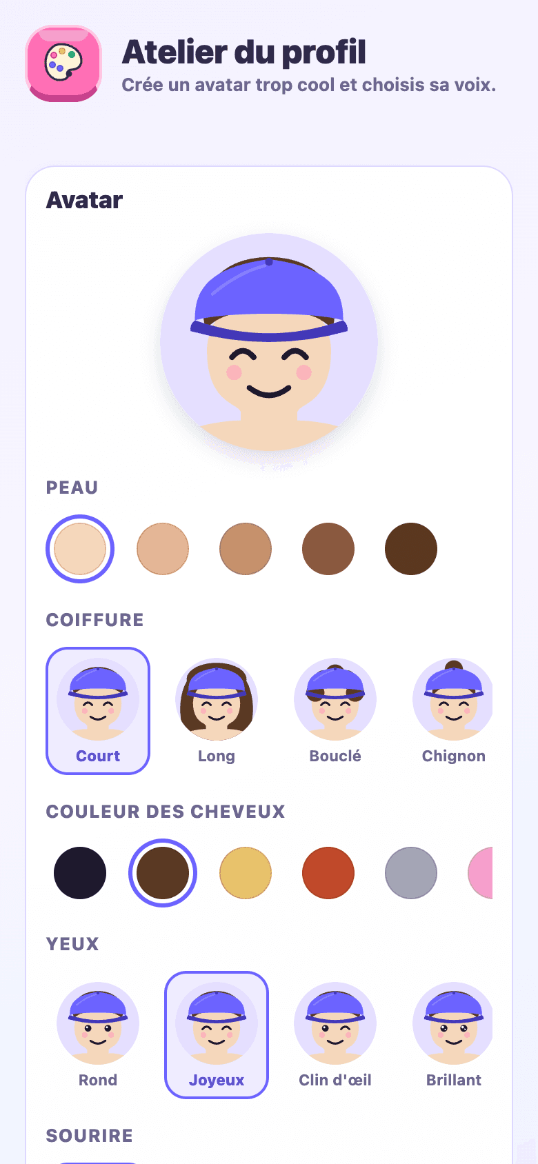 Atelier du profil : avatar, couleurs, prénom et étapes